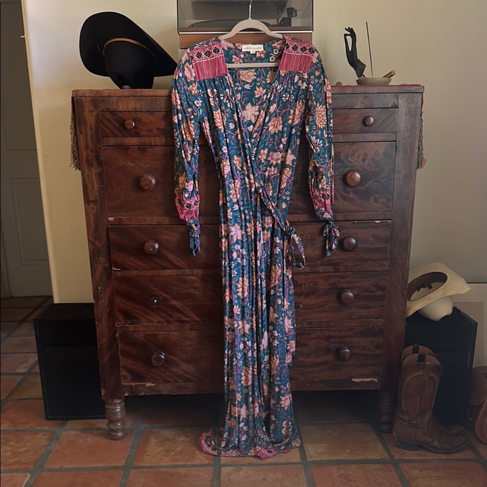 Natalie Martin, Kate Long Sleve Maxi Floral Wrap Dress with Pink Accents
